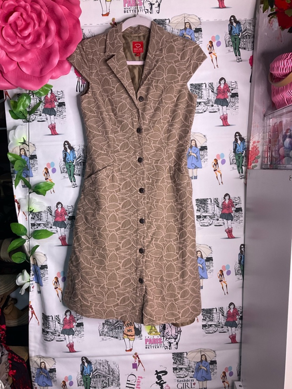 Oscar de la Renta Brown Leaf-Print Midi Dress
